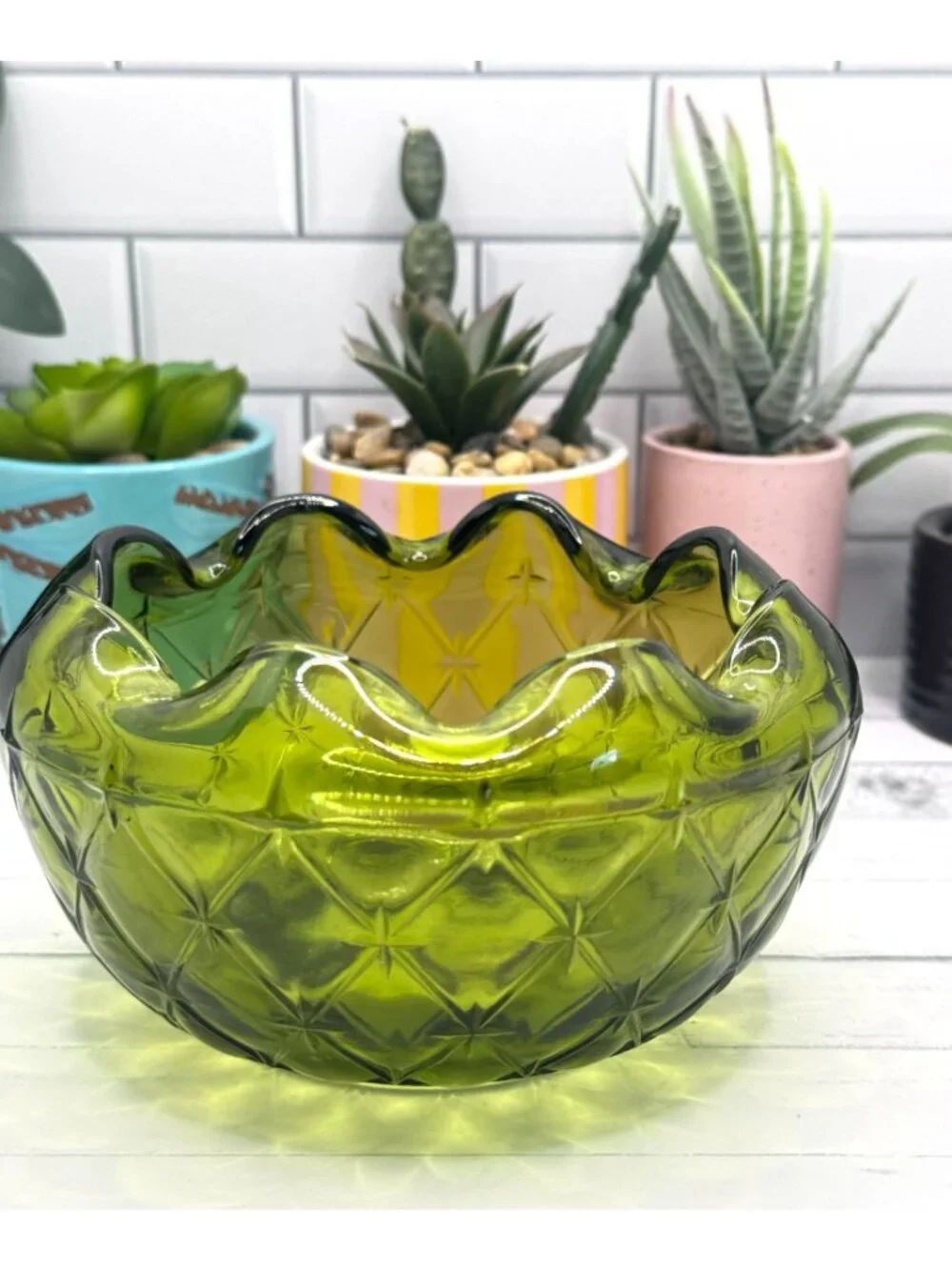 Vintage Green Glass Bowl With Quilted Diamond Pattern & Ruffled Edge